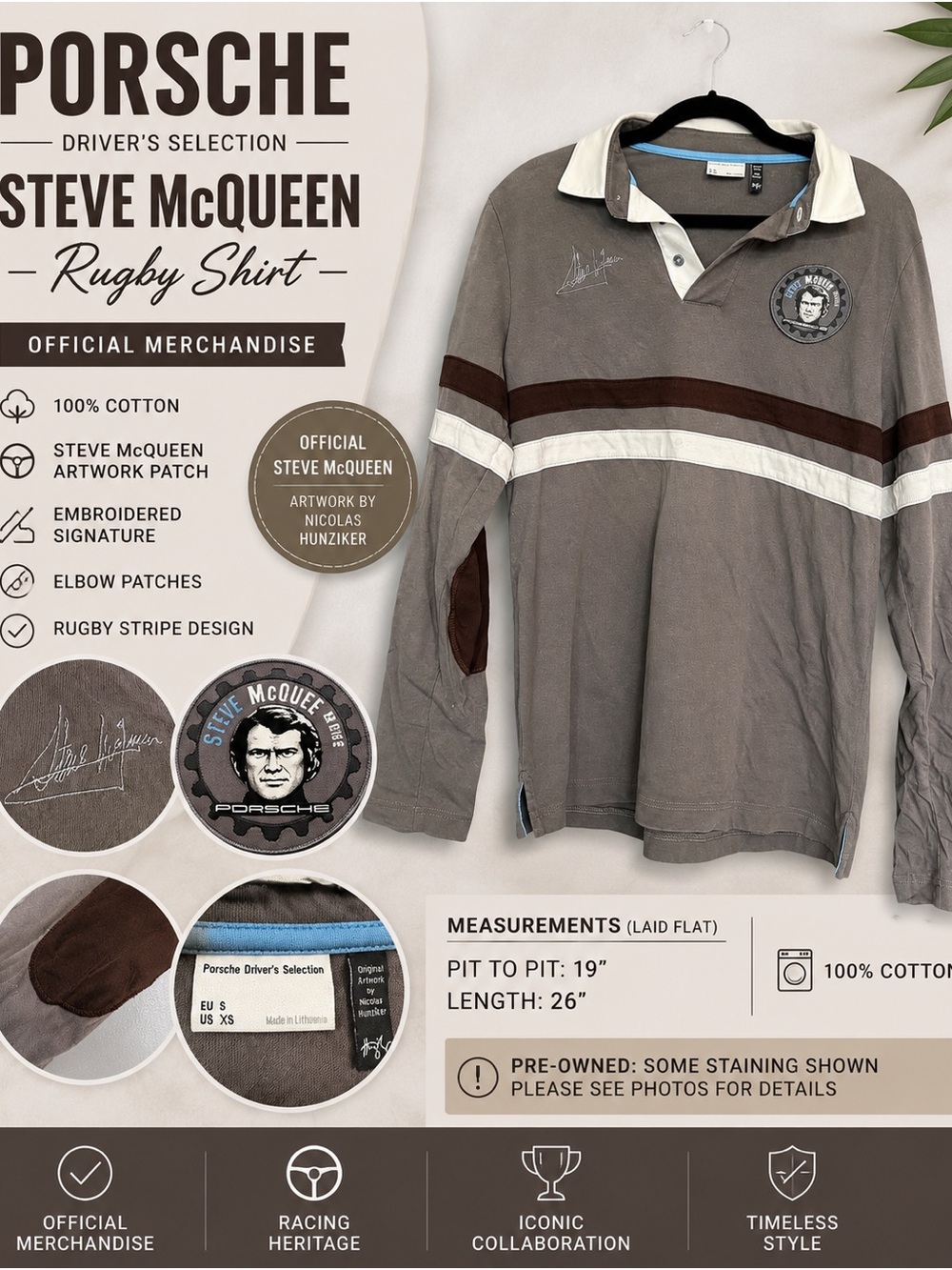 Porsche Driver’s Selection Steve McQueen Rugby Shirt Gray 100% Cotton XS Stained